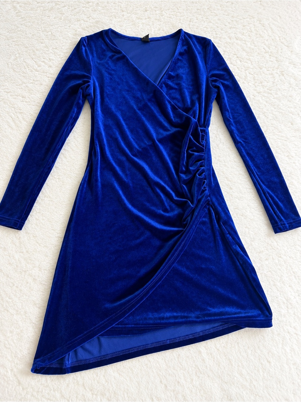SHEIN Royal Blue Velvet Wrap Ruched Long Sleeve Dress